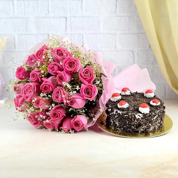 Order Pink Roses N Black Forest Cake online | Get same day delivery PAN ...