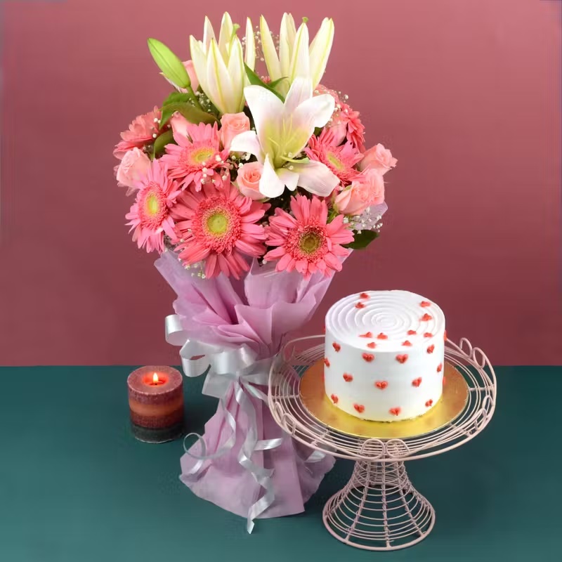 Order Blooming Mix Flowers N Vanilla Cake online | Get same day ...