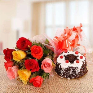 Perky Combo Of Mix Flowers Bouquet & Cake