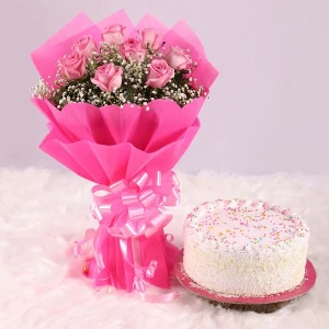 Pink Roses Bouquet And Vanilla Cake