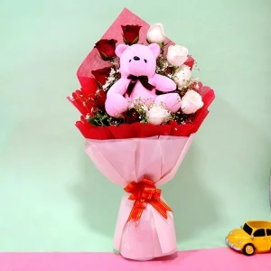 White and Red Roses With Teddy