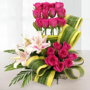 Precious Basket Lilies & Pink Roses