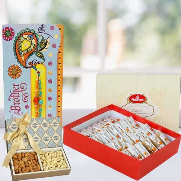 Rakhi With Sweets And Dry Fruits