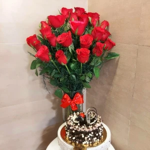 Roses In Vase And Cake