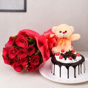 Valentine Hamper Of Flowers And Cake