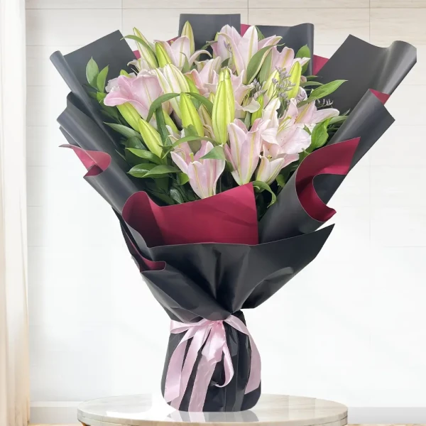 Pink Lilies Bouquet In Exotic Packing