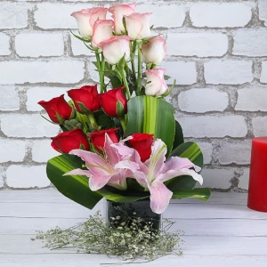 Dual Roses And Lilies In Vase