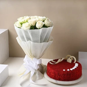 White Roses And Red Velvet Cake