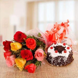 Perky Combo of mix flowers bouquet & cake