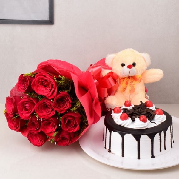 Valentine Hamper of flowers and cake