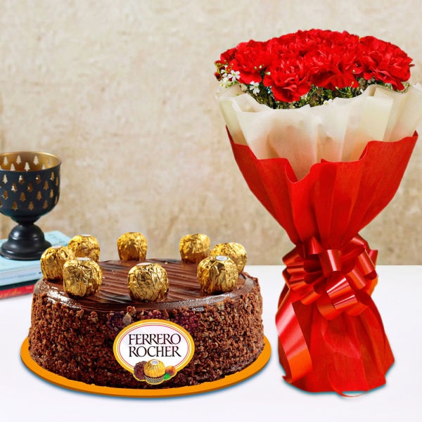 Blissful Care carnation & Ferrero Rocher cake