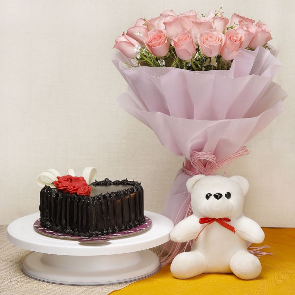 20 Pink Roses and half kg Chocolate Truffle Cake