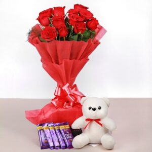Red Roses Bouquet chocolates and Teddy