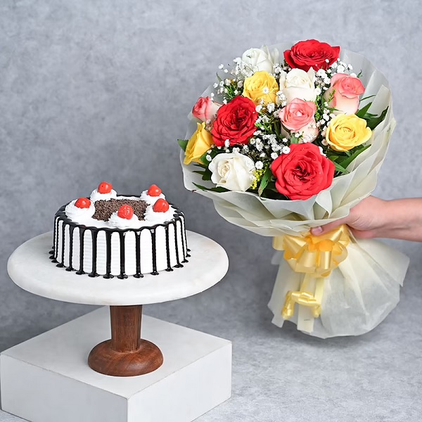 Mix Flowers and Black Forest Cake