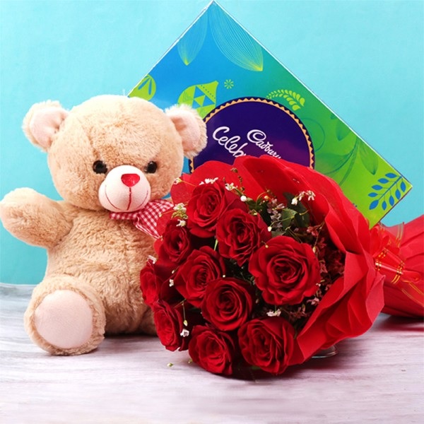 Roses Teddy and Chocolates Gifts