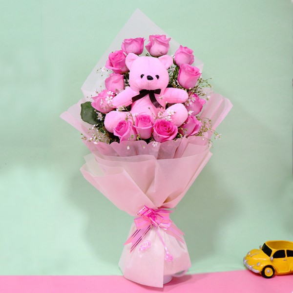 Pink Roses Bouquet With Teddy