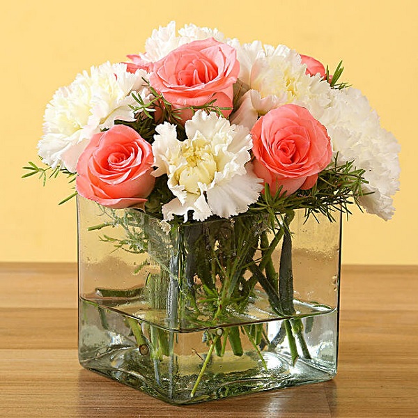 Pink Roses and White Carnation in Vase